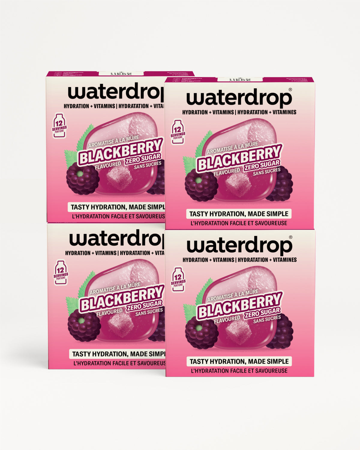 Four pink Waterdrop packaging boxes with blackberry imagery arranged in a 2x2 grid.