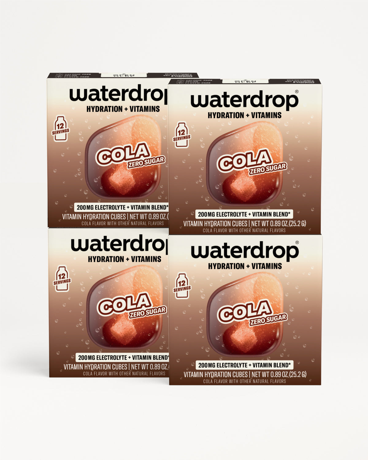 Four Waterdrop hydration and vitamins cubes in cola flavor blister packs.