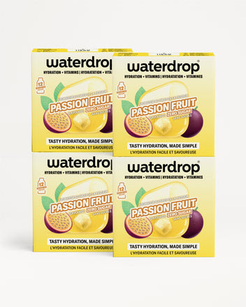 Four Waterdrop passion fruit hydration boxes arranged in a 2x2 grid.