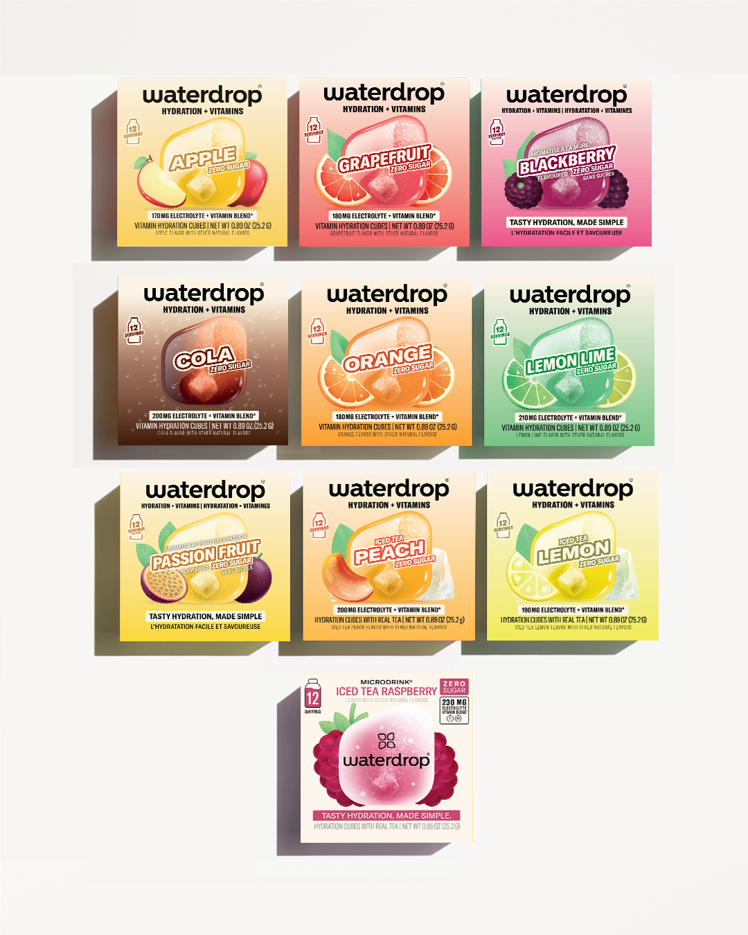 Assortment of rectangular flavor boxes arranged in a grid with a small pink box at the bottom.