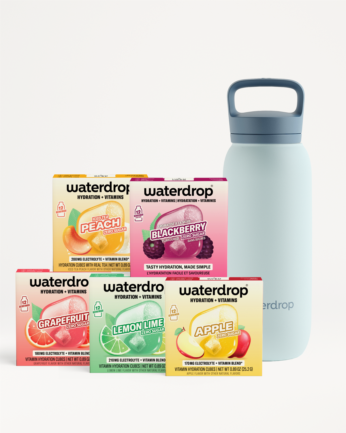 Assorted Waterdrop hydration tablets boxes with a light blue reusable bottle.