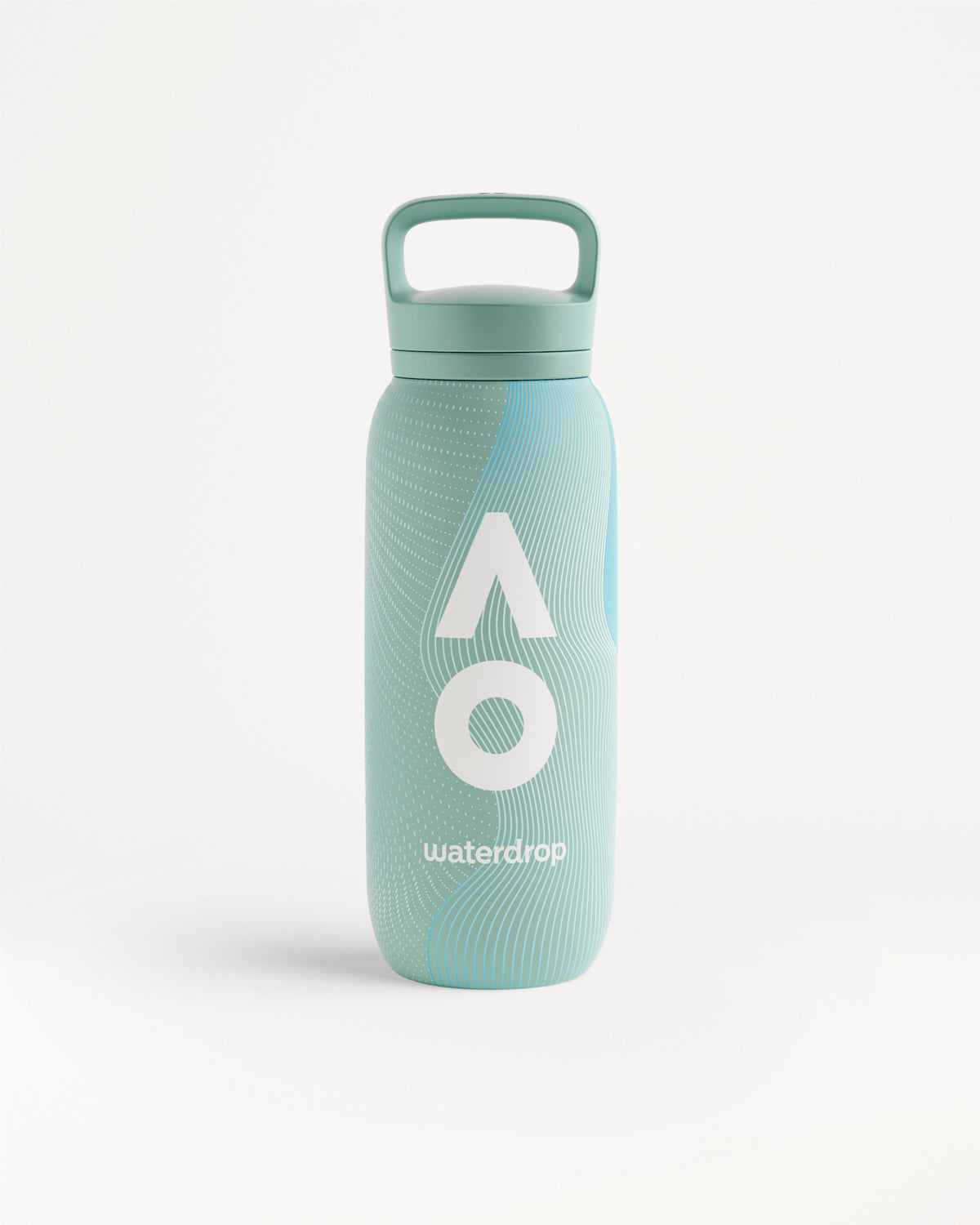 Teal reusable water bottle with a built-in handle and screw-on cap.