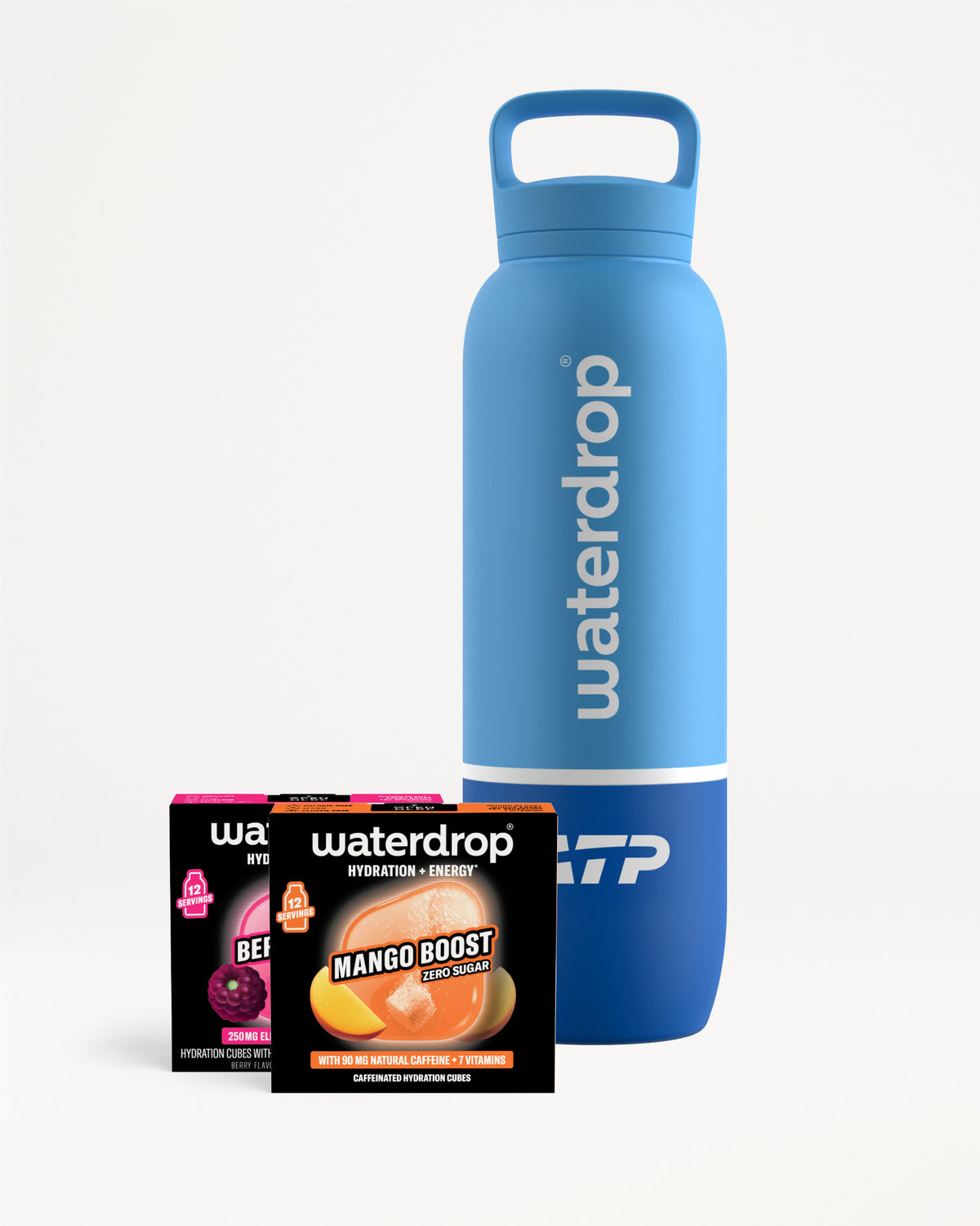 Blue insulated water bottle with a handle and two flavor-sachet packets in front.