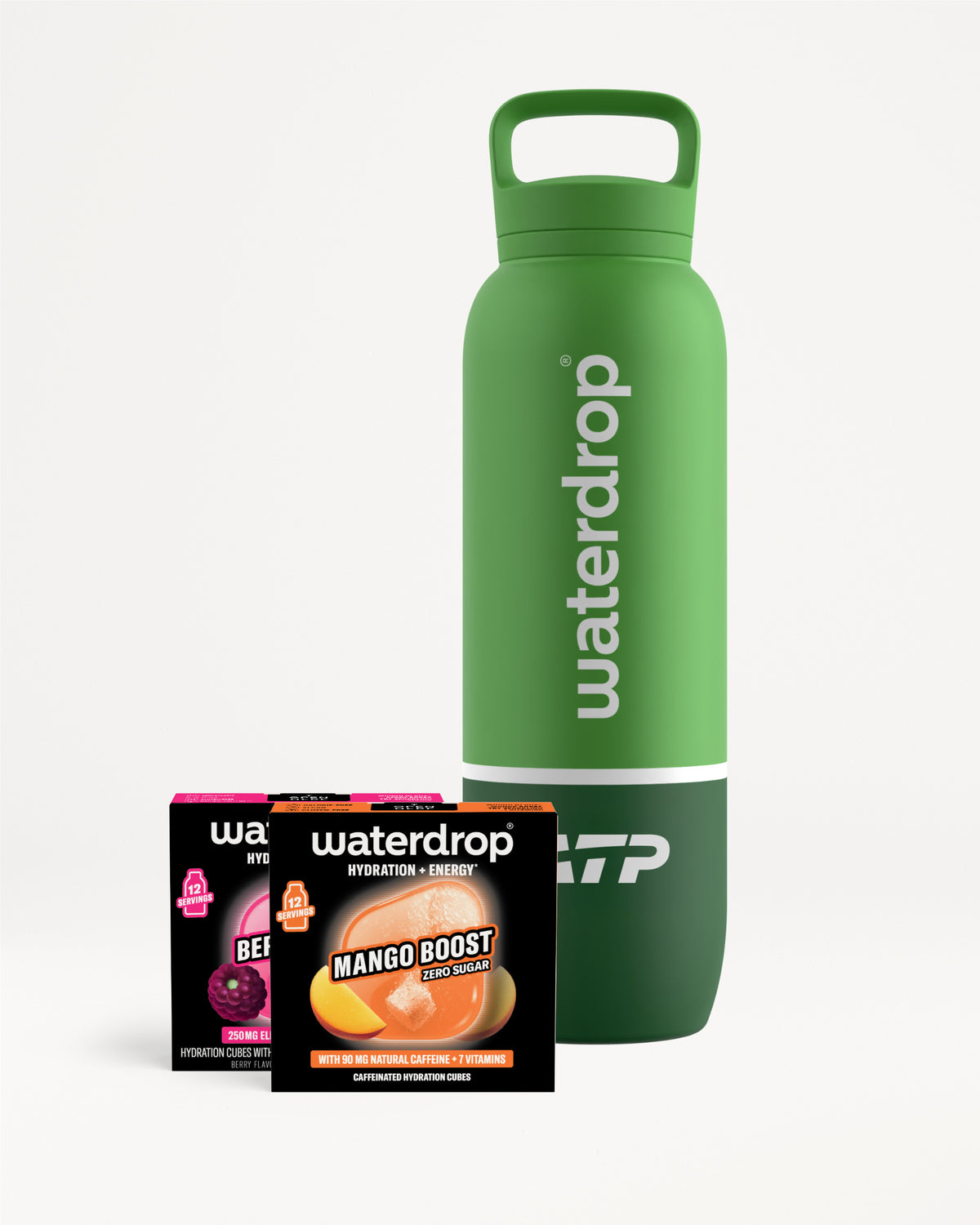 Green reusable water bottle with two flavor sachets beside it.