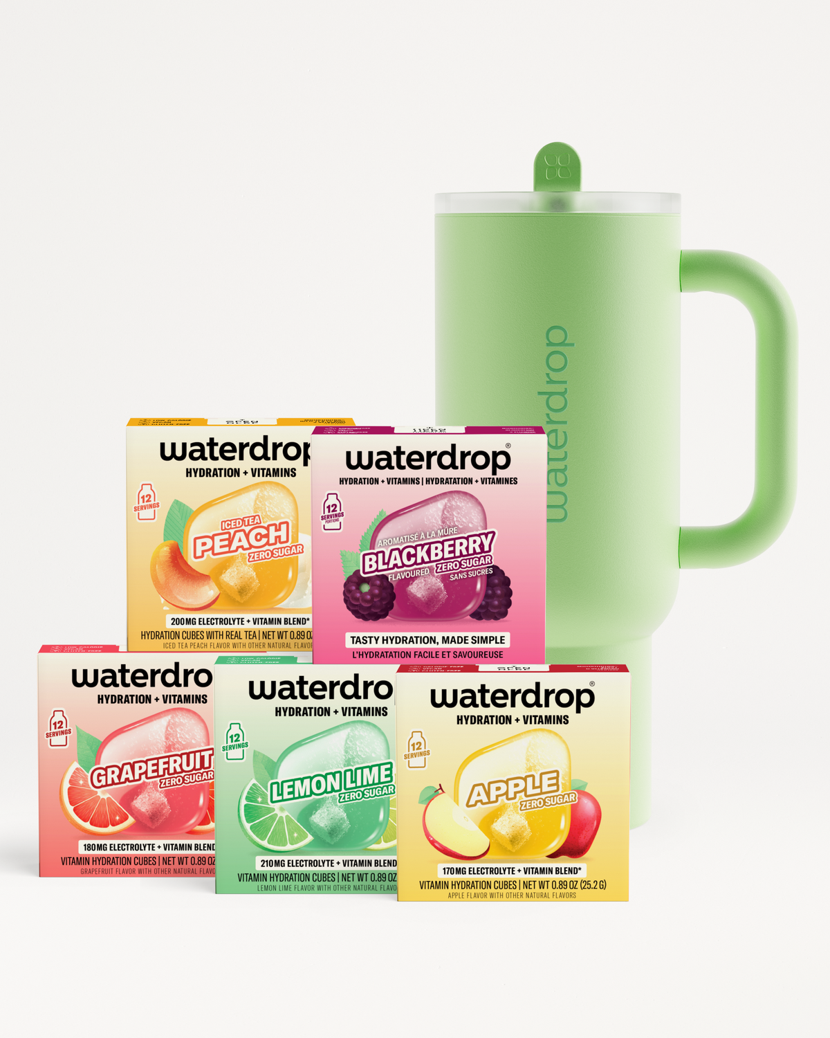 Assorted Waterdrop hydration beverage boxes displayed with a green pitcher.
