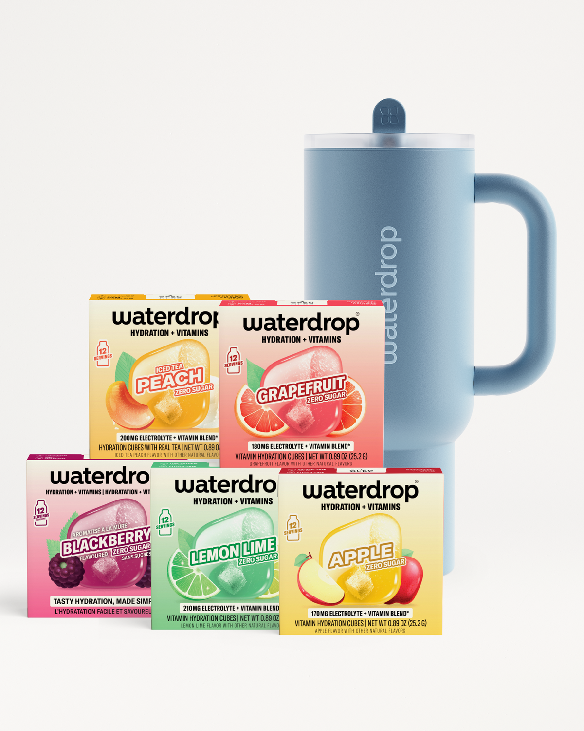 Assortment of Waterdrop product boxes in multiple flavors beside a tall blue mug on a white background.