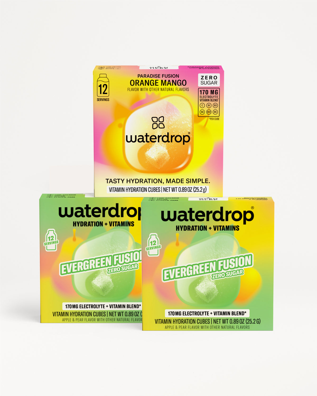 Three Waterdrop hydration and vitamin boxes, orange mango flavor on top and green Evergreen Fusion boxes below.