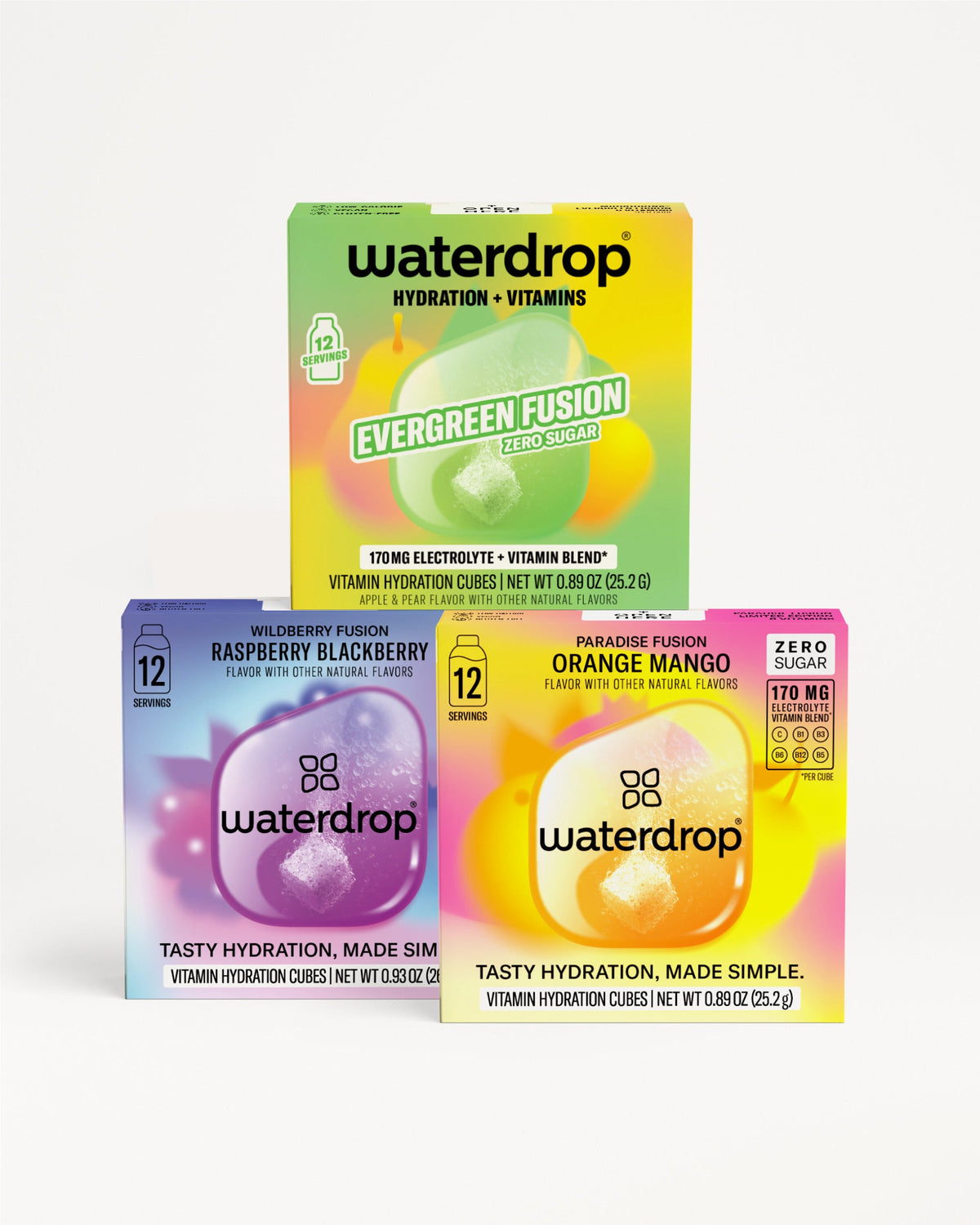 Assorted Waterdrop hydration vitamin packets in colorful packaging arranged together.