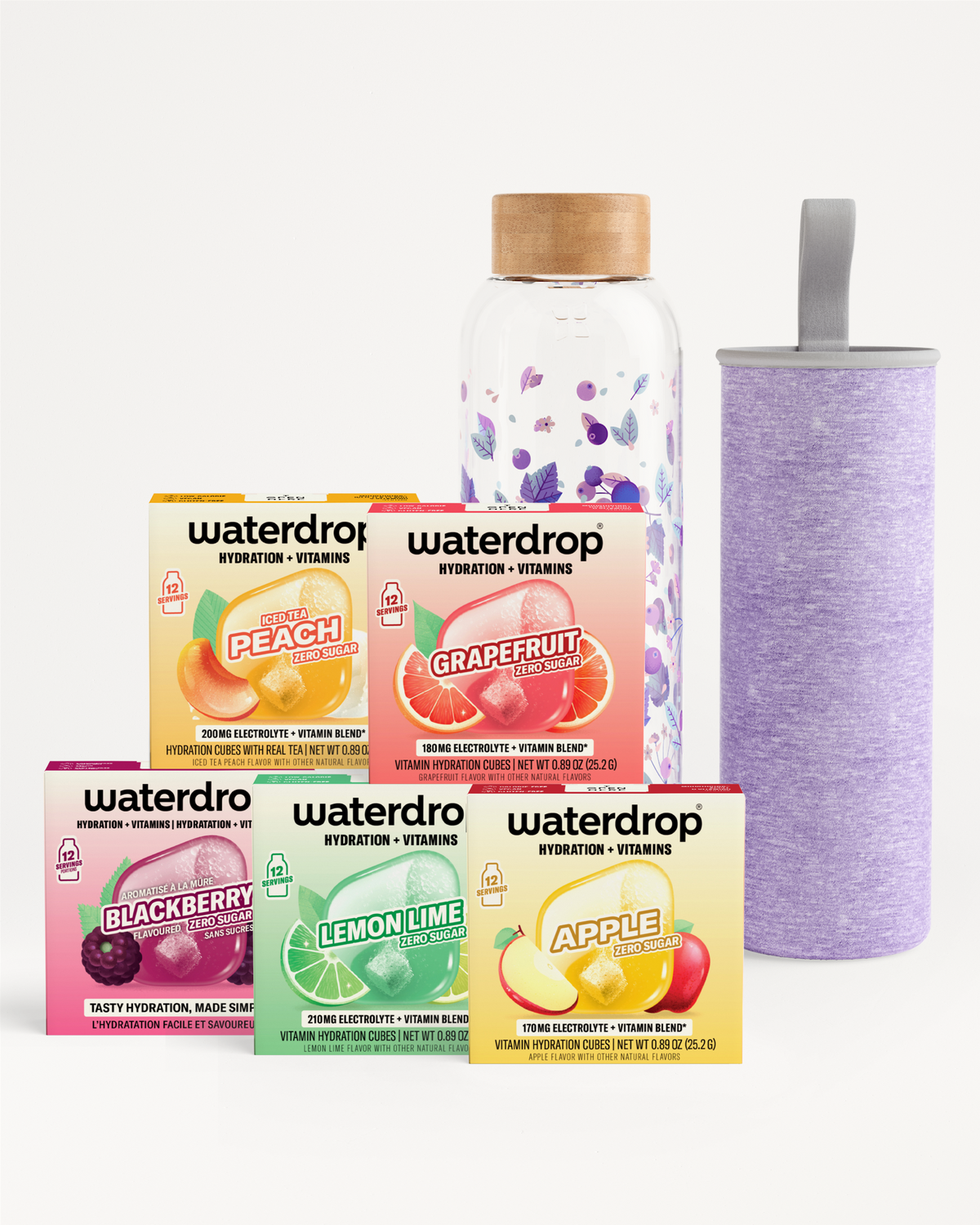 Assorted Waterdrop hydration and vitamin products with fruit-flavored sachets and a lavender reusable bottle.