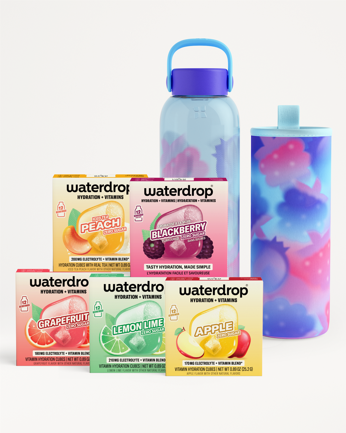 Assorted Waterdrop hydration and vitamin drink boxes, a blue water bottle, and a gradient tumbler.