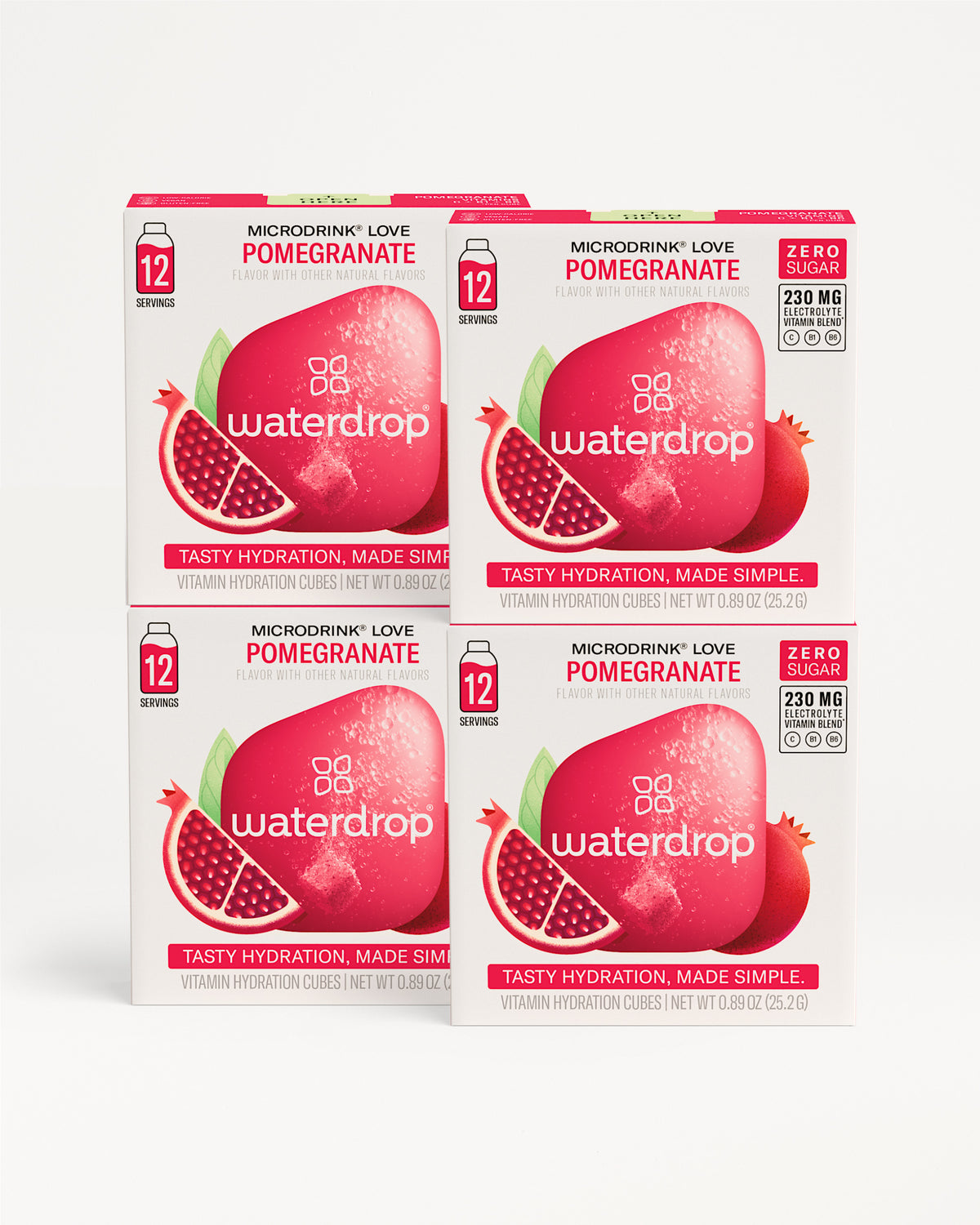 Four Waterdrop pomegranate microdrinks boxes arranged in a 2x2 grid.