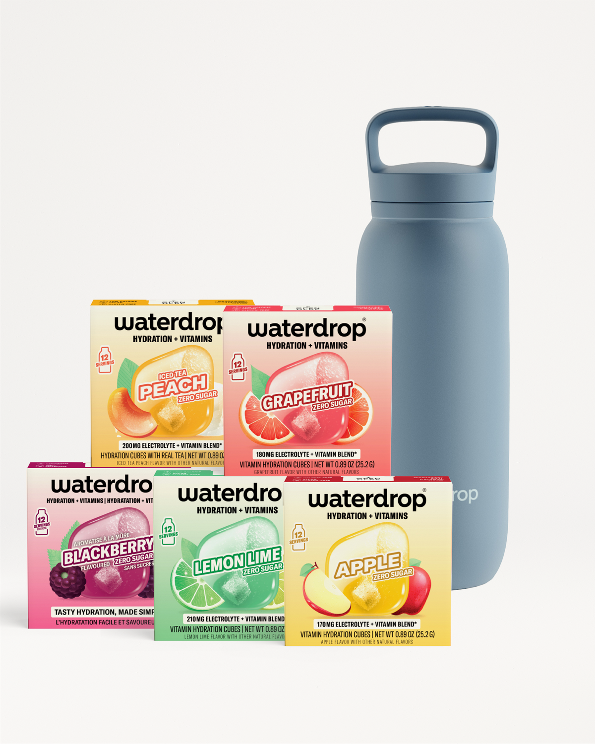 Assorted Waterdrop hydration and vitamin packets displayed next to a blue reusable bottle.