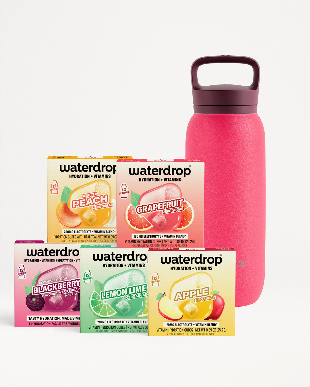 Assorted Waterdrop hydration and vitamin flavor packets arranged beside a pink reusable bottle.