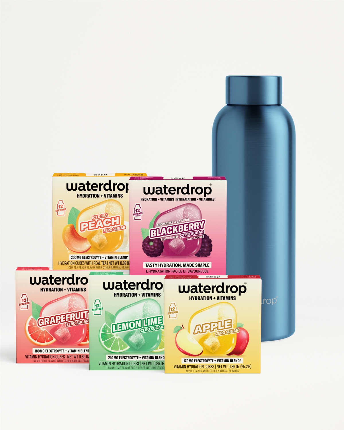 Assorted Waterdrop hydration flavor drops boxes arranged with a tall blue bottle.
