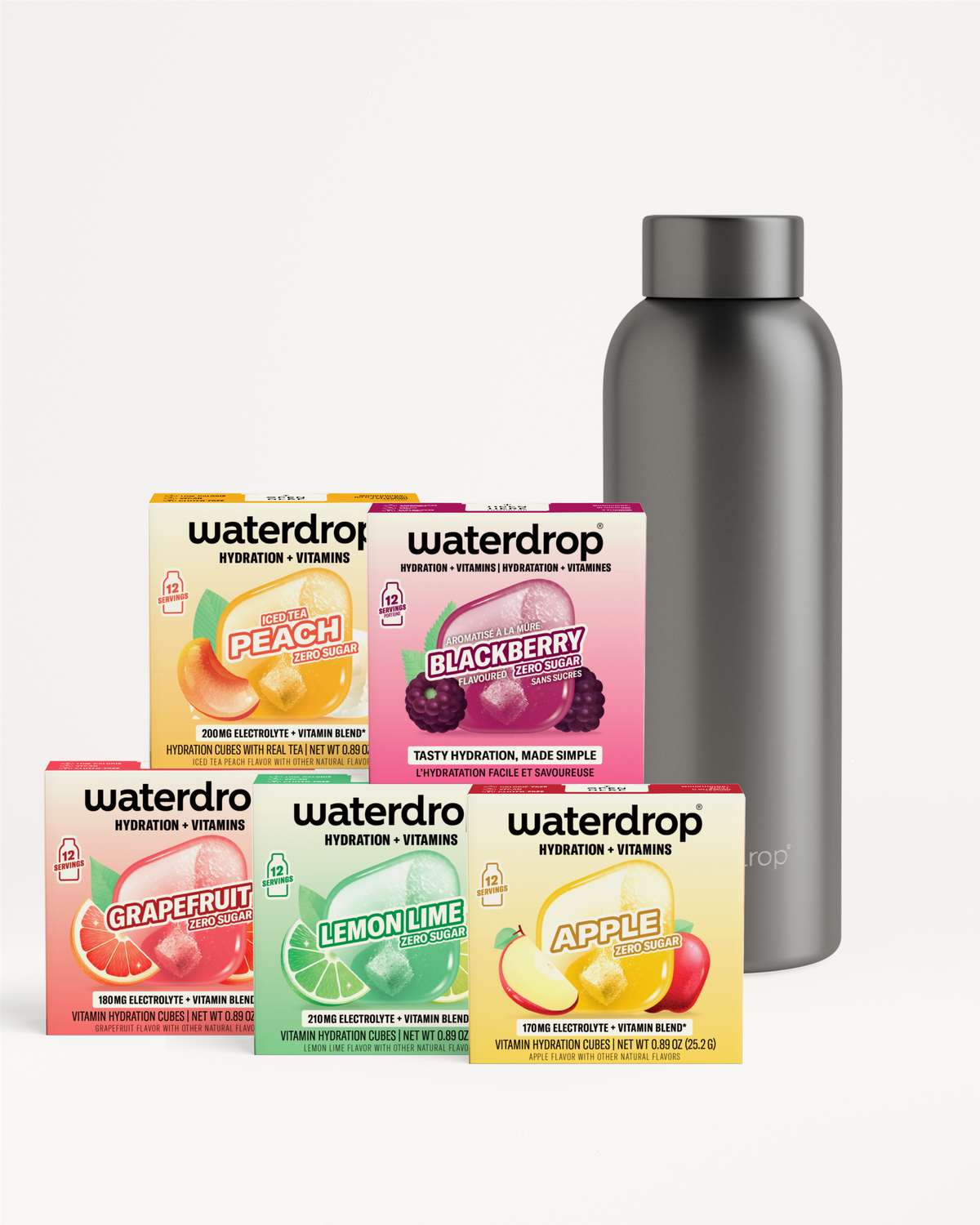 Waterdrop hydration and vitamin boxes with a gray reusable bottle.