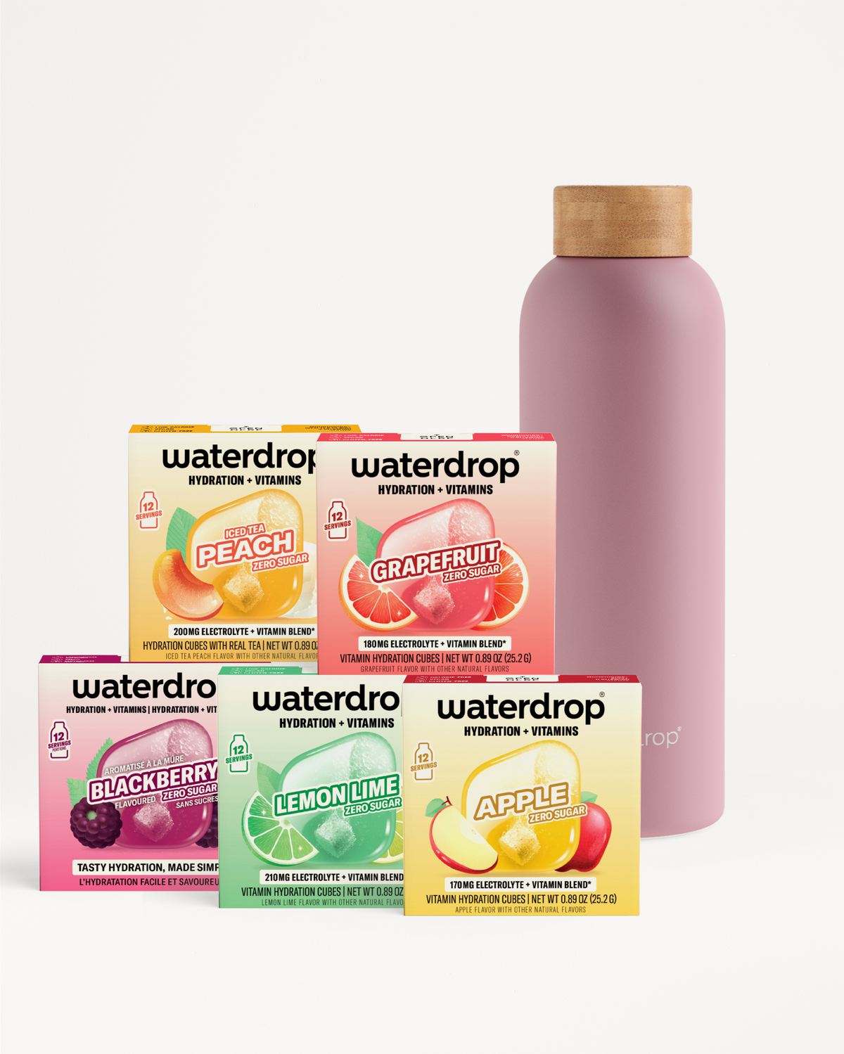 Set of Waterdrop hydration vitamins boxes in assorted flavors with a pink bottle featuring a wooden cap.