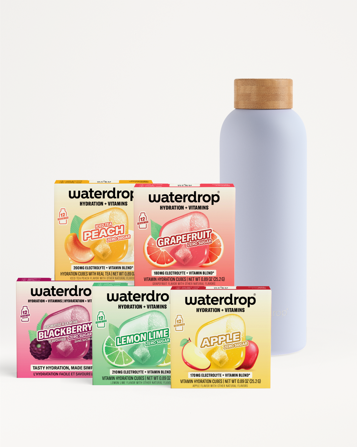 Assorted Waterdrop hydration and vitamins boxes beside a pale blue bottle with a wooden cork
