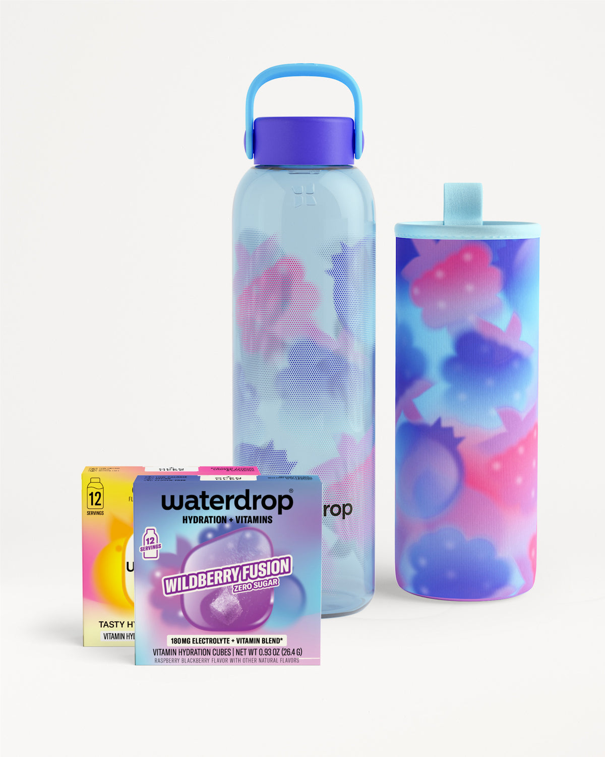 Set of two reusable water bottles with blue and purple gradient designs and two boxes of Waterdrop flavor tablets.