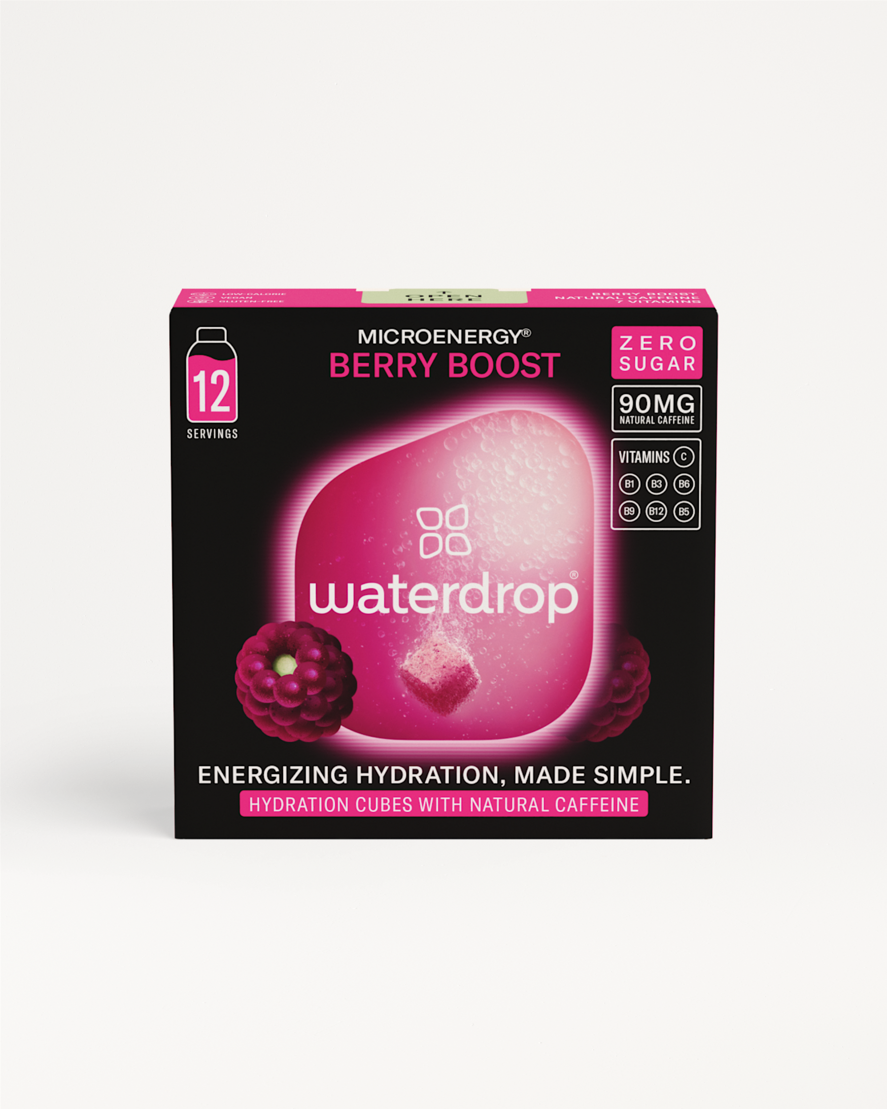 Berry Boost hydration cubes with natural caffeine, zero sugar.