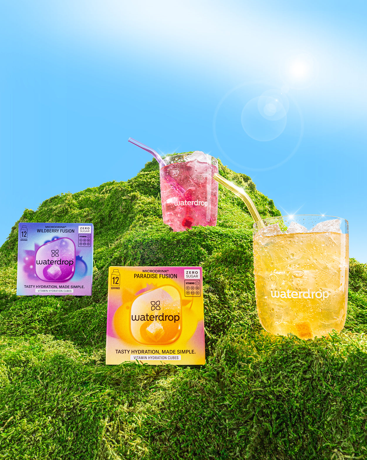 Limited Edition Summer Set featuring Waterdrop hydration cubes and drinks.