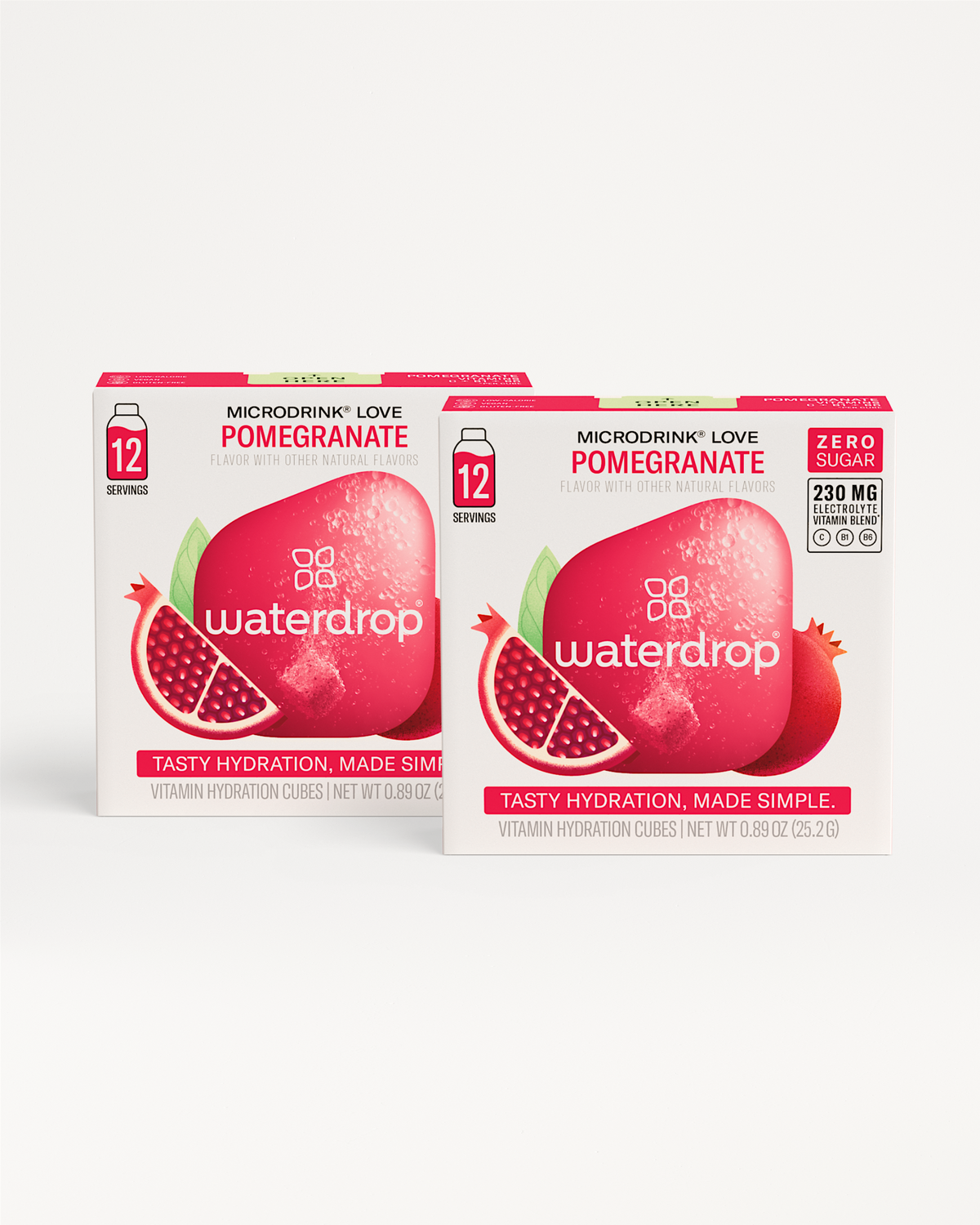Two pink Waterdrop hydration cube boxes with a pomegranate graphic on a white background.