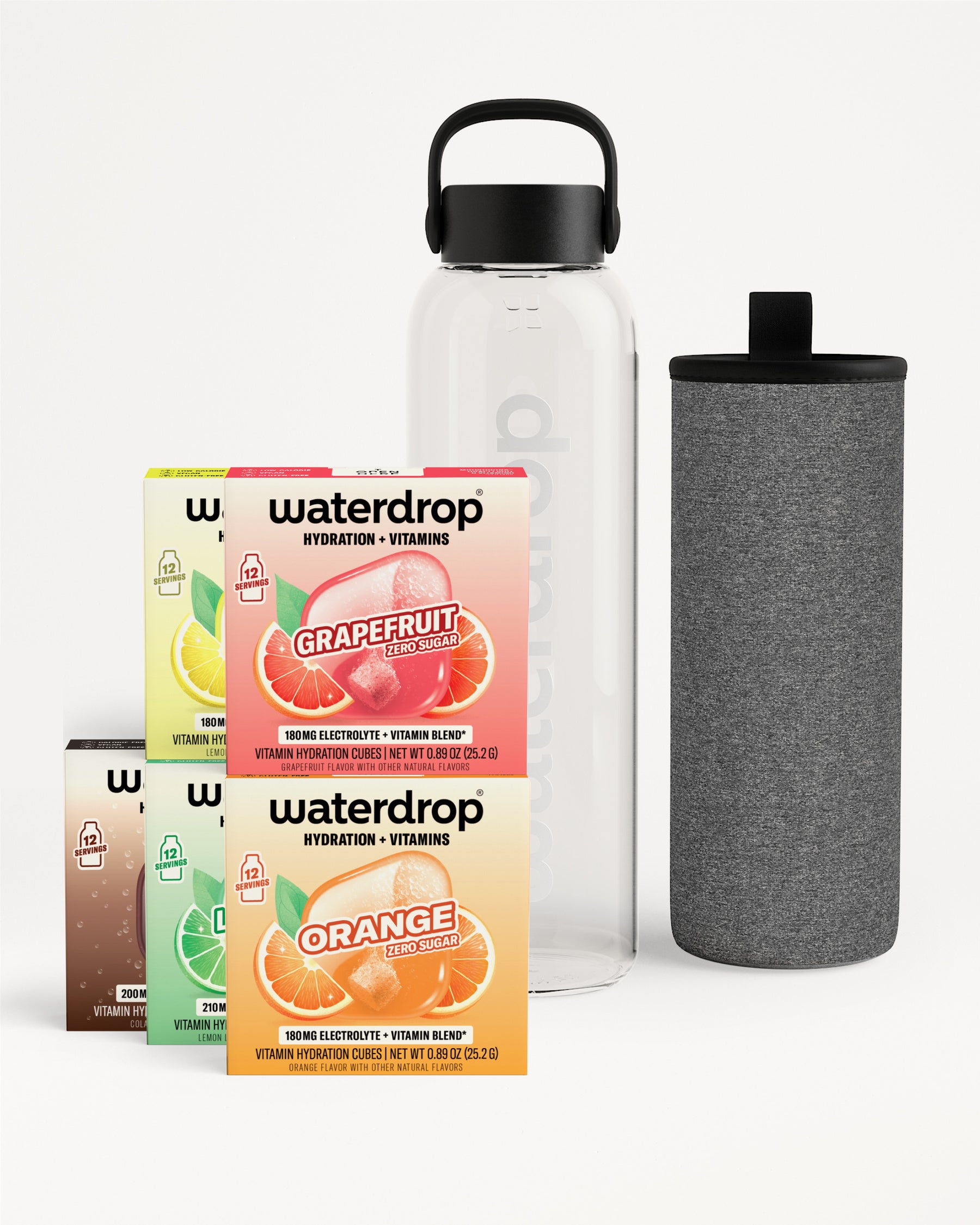 Clear water bottle with black lid beside a gray insulated sleeve and Waterdrop boxes.