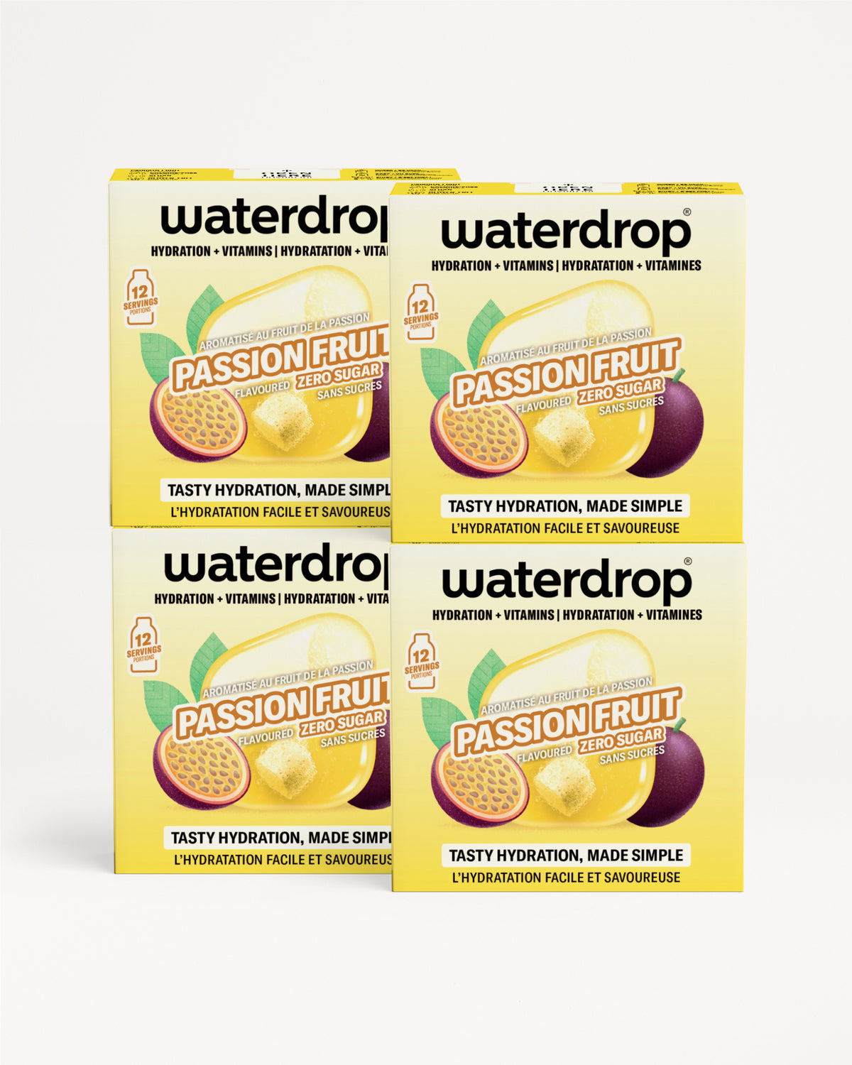 Four Waterdrop passion fruit hydration boxes arranged in a 2x2 grid.