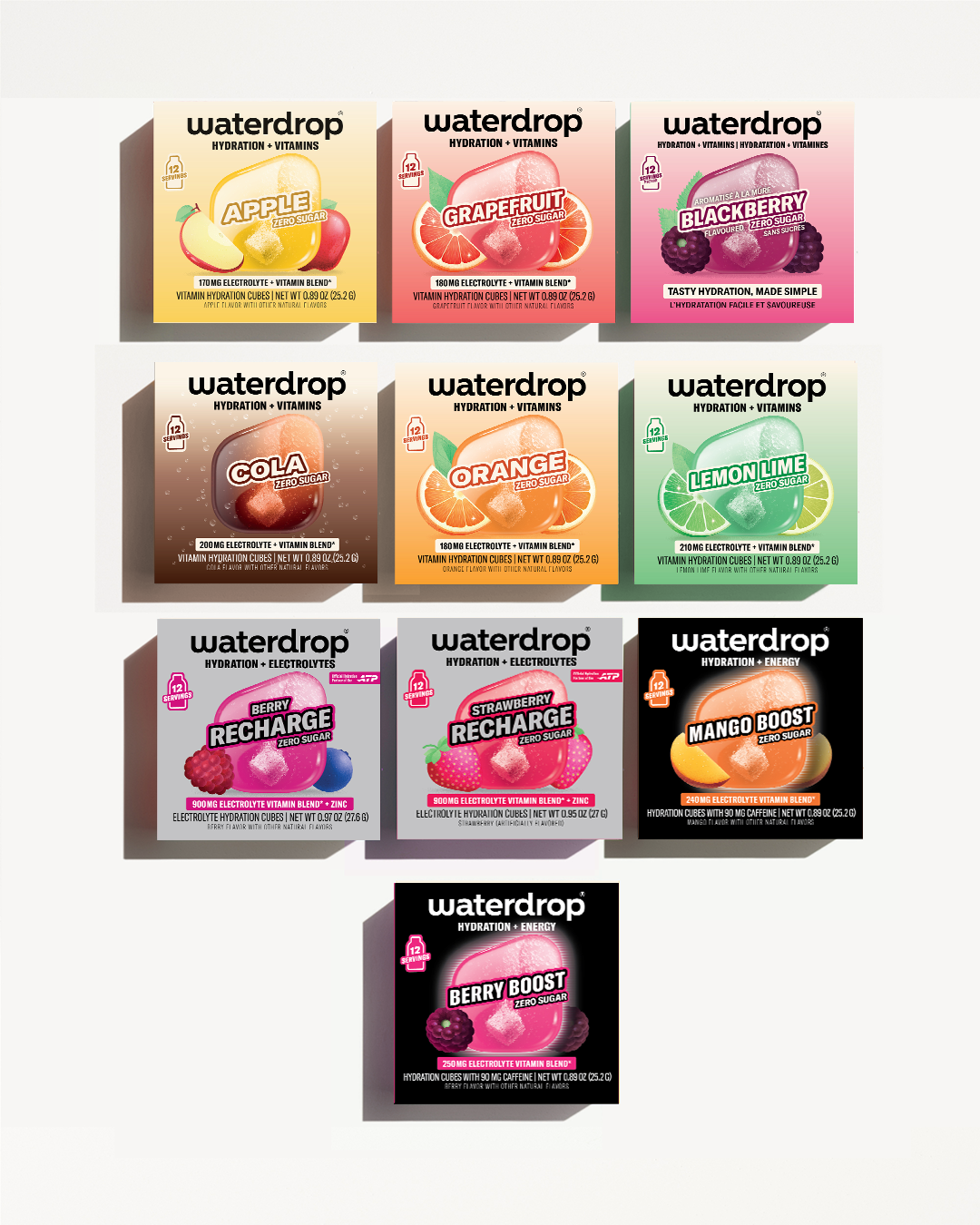 Ten Waterdrop flavor boxes arranged in a stepped grid on a light background.