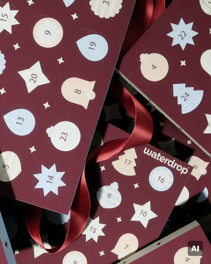 Advent calendar panels with numbered doors and red ribbons.