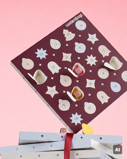 Advent calendar with numbered white doors on a purple square above wrapped gift boxes on a pink background.