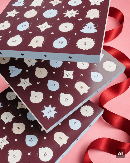 Stacked blue Advent calendars with numbered circular windows and festive shapes, tied with a red ribbon on a pink background.