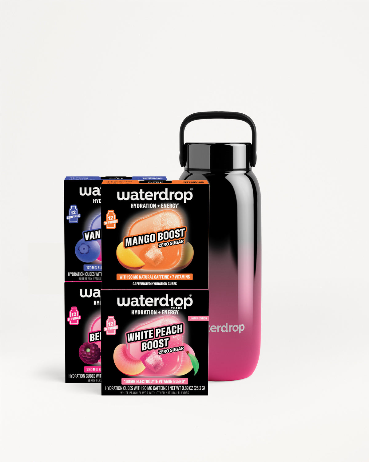Black to pink gradient waterdrop bottle with a handle beside two waterdrop hydration drink boxes Mango Boost and White Peach Boost.