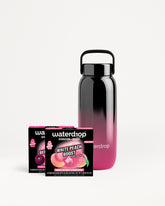 Reusable bottle with a black cap and pink gradient, shown with two small boxed flavor sachets.