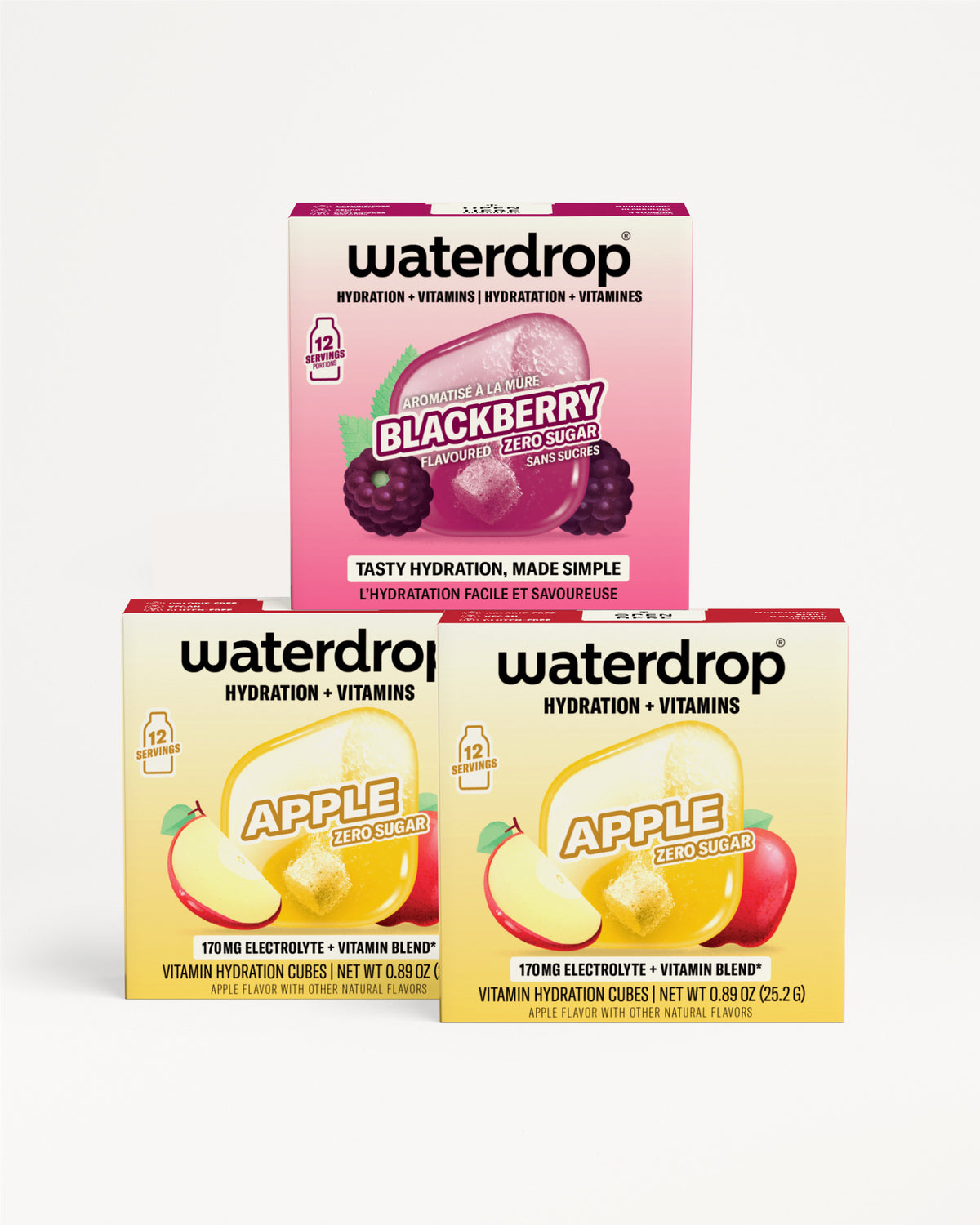 Stacked Waterdrop boxes for hydration and vitamins, with blackberry flavor on top and apple flavors on the bottom.
