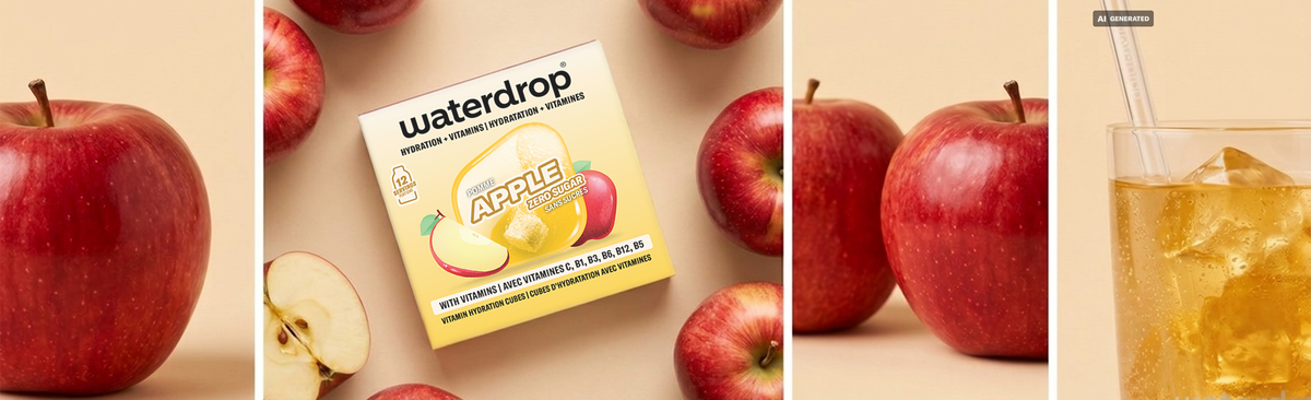 Collage featuring red apples on the edges, a sliced apple in the center, a small boxed product, and a glass of iced beverage.