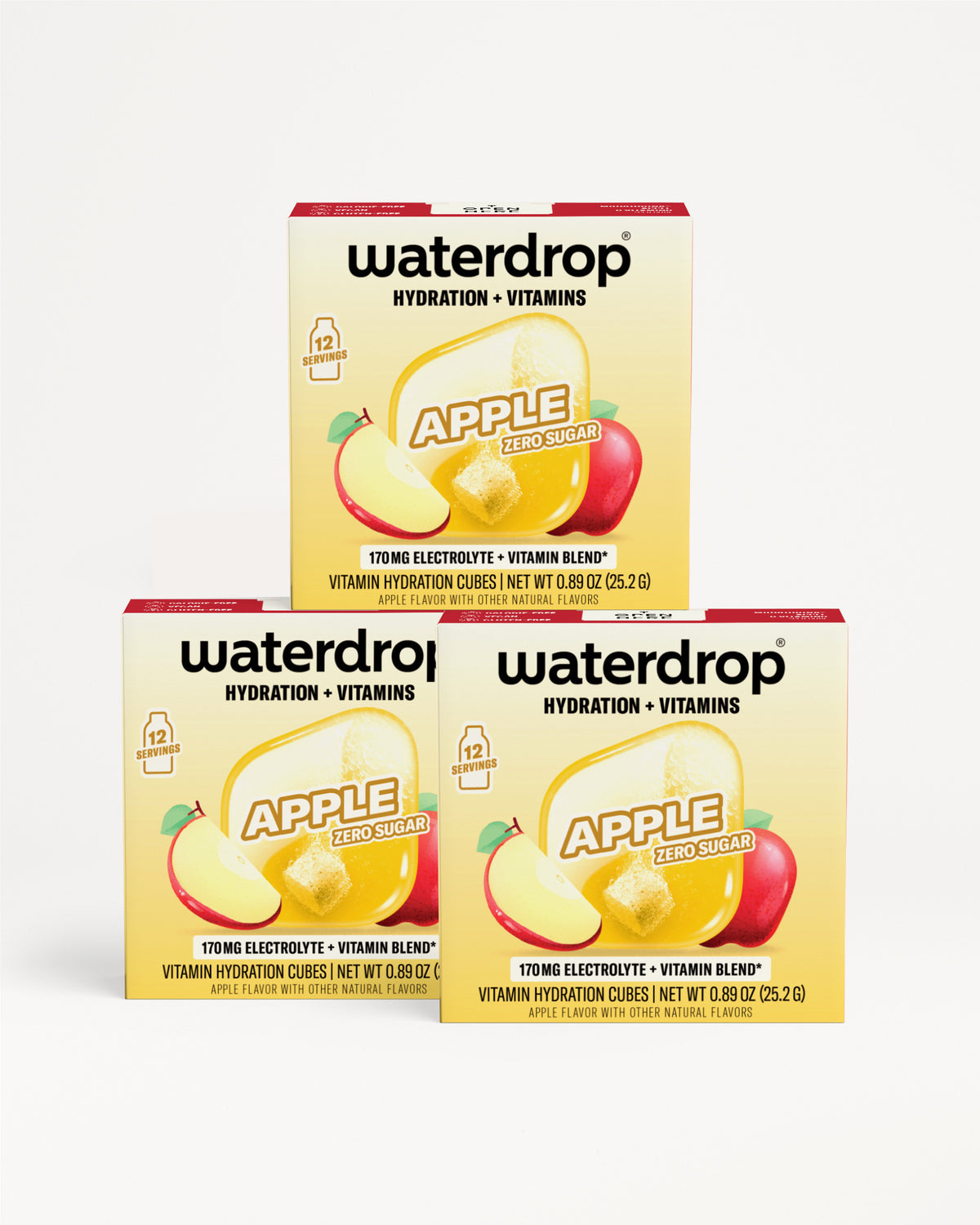 Three yellow-to-orange boxes with an apple graphic, stacked in a pyramid.