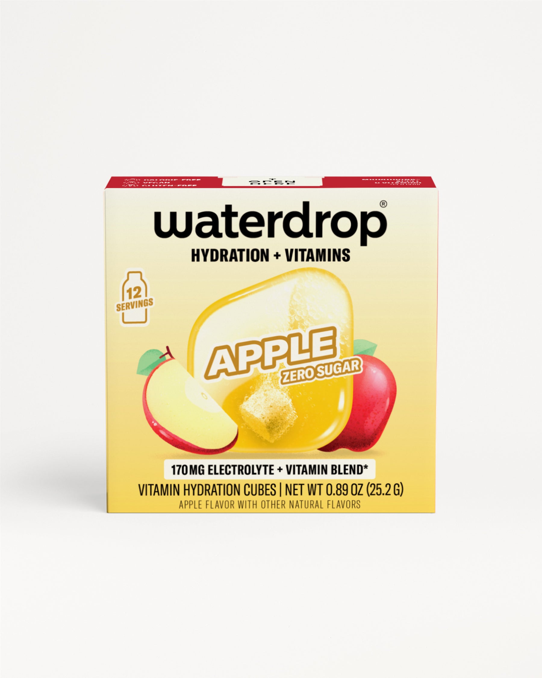 Waterdrop hydration and vitamins Apple flavor box with apple graphic, 12 servings.