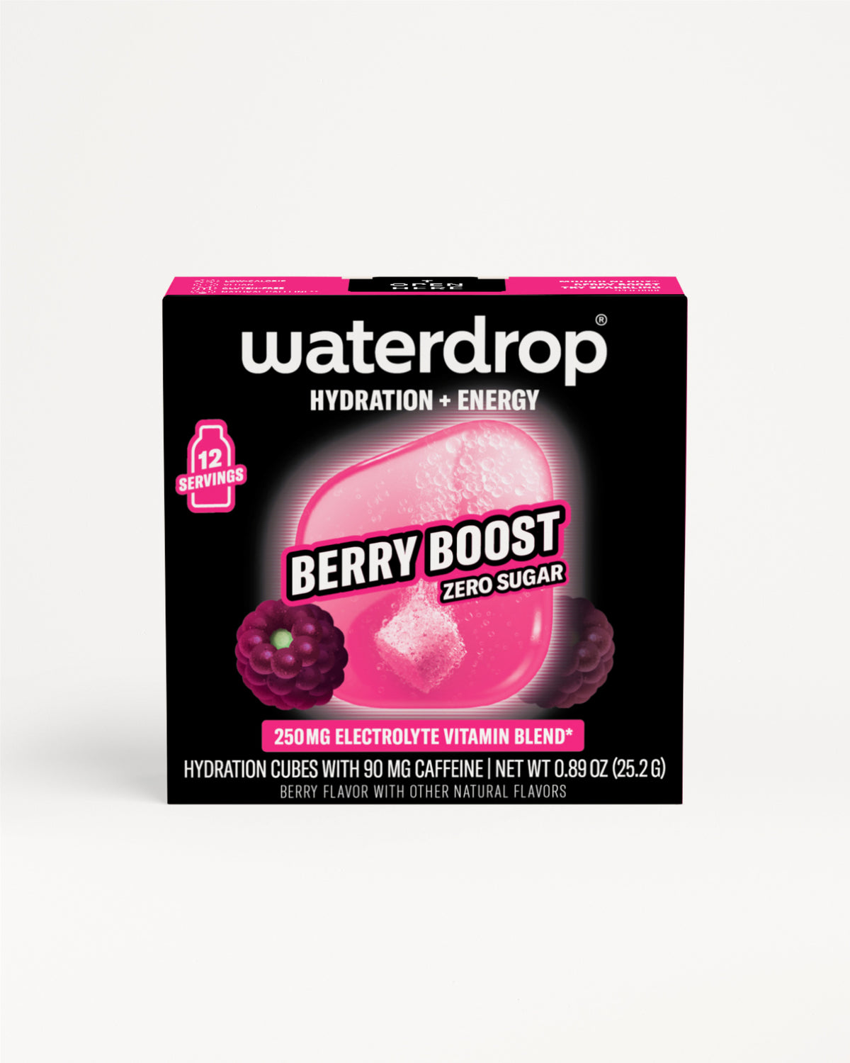 Black rectangular Waterdrop Berry Boost hydration and energy box with a pink berry graphic.