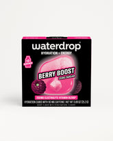 Black rectangular Waterdrop Berry Boost hydration and energy box with a pink berry graphic.