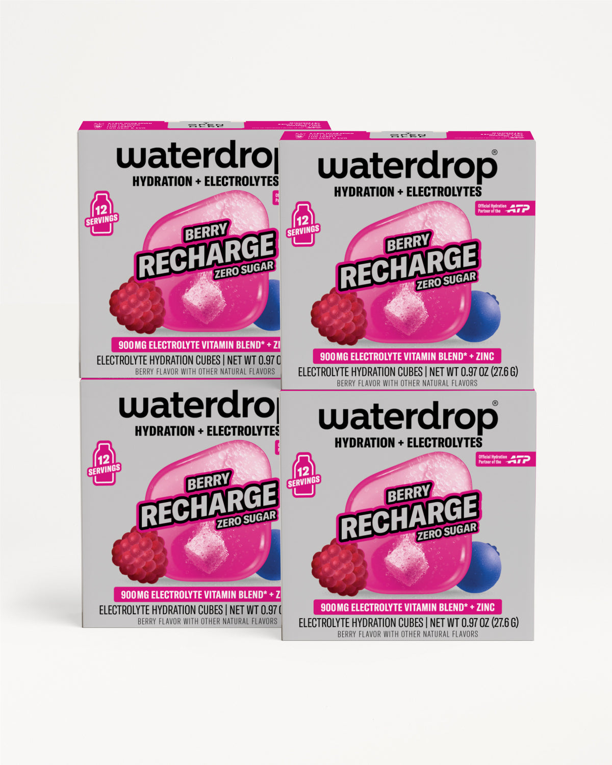 Four Waterdrop Berry Recharge electrolyte boxes arranged in a 2x2 grid.