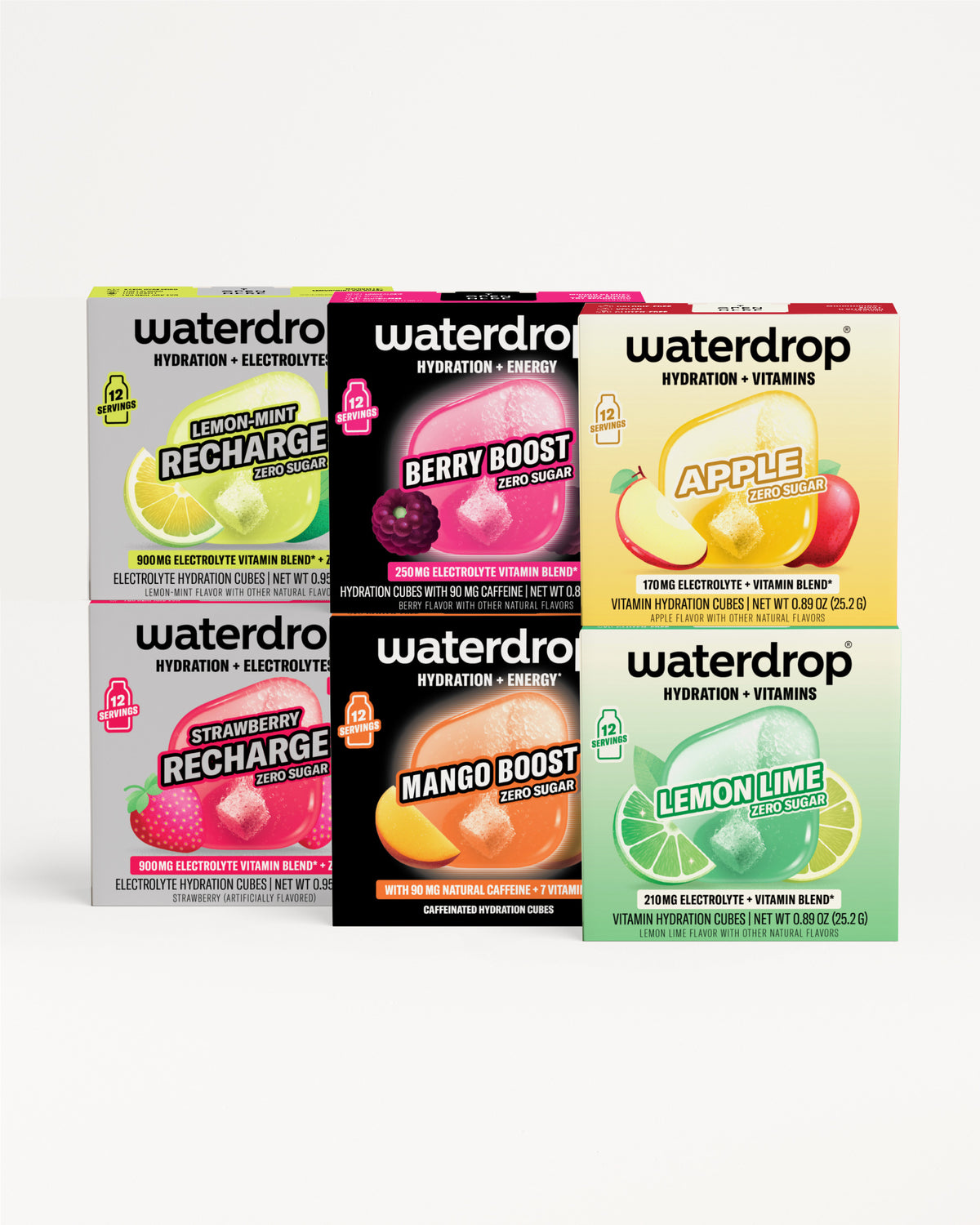 Six compact beverage booster packs arranged in two rows of three with colorful labels.