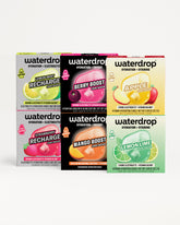 Six compact beverage booster packs arranged in two rows of three with colorful labels.