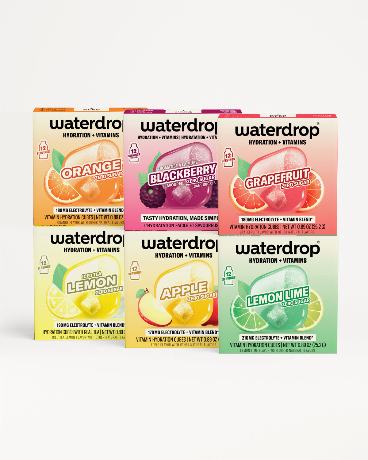 Six Waterdrop hydration vitamin drink boxes arranged in a 2x3 grid of assorted colors.