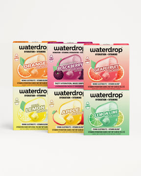 Six Waterdrop hydration vitamin drink boxes arranged in a 2x3 grid of assorted colors.