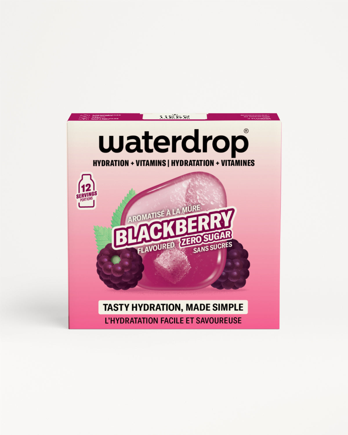 Pink Waterdrop flavor drops box with a blackberry image.