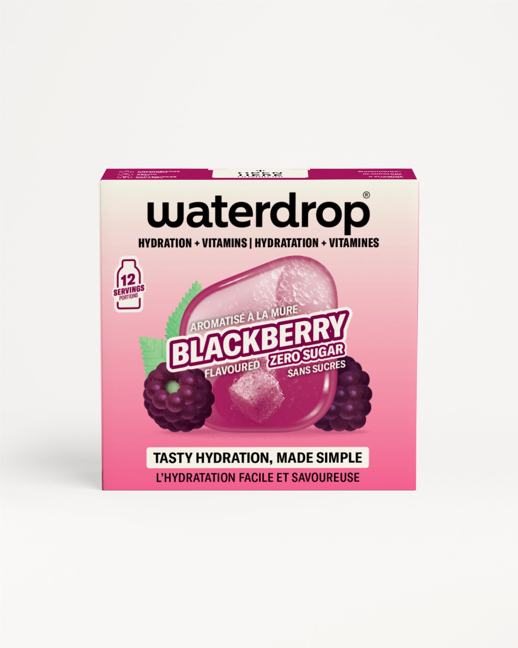 Pink Waterdrop flavor drops box with a blackberry image.