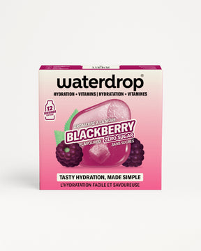 Pink Waterdrop flavor drops box with a blackberry image.