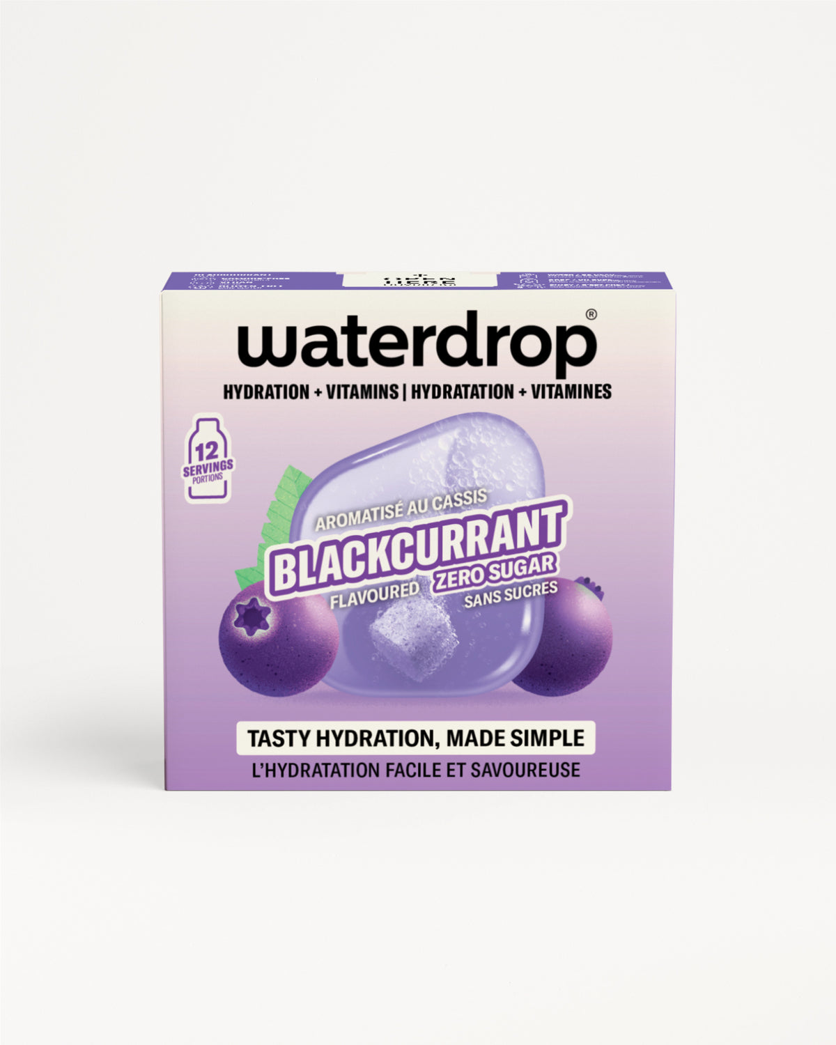 Box of Waterdrop flavor enhancer in purple packaging with berry imagery.
