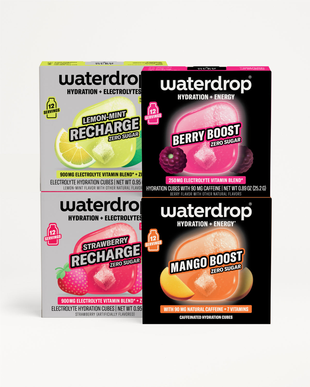 Set of four Waterdrop hydration and energy electrolyte drink mix pouches in assorted flavors.