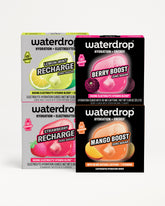 Set of four Waterdrop hydration and energy electrolyte drink mix pouches in assorted flavors.